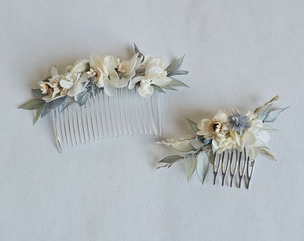 Haarkamm aus Trockenblumen in blau-grau-creme / Brautschmuck - Haarschmuck - Blume im Haar