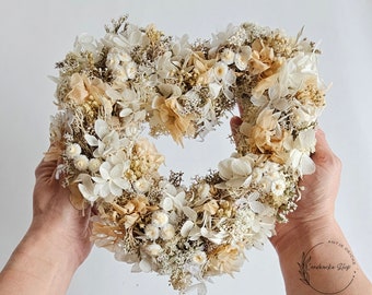 Trockenblumenherz in beige-weiß-natur, Tischdeko - Geschenkidee - Hochzeitsgeschenk - Wandschmuck  - Hochzeitsdekoration