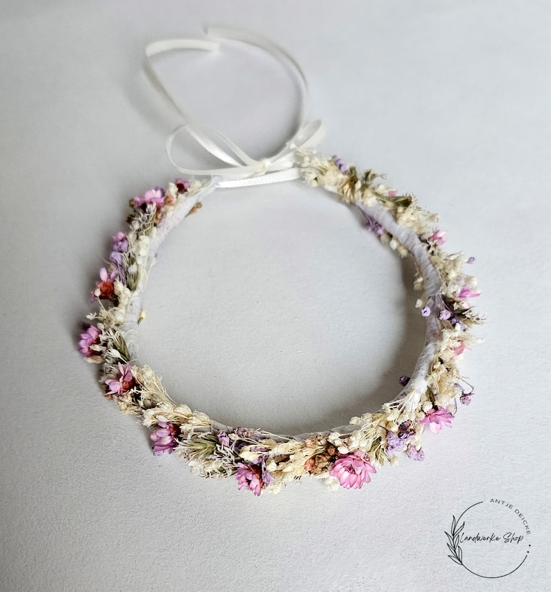 Zarter Haarkranz aus Trockenblumen in creme-rosa-lila / Kopfkranz Brautschmuck Kopfschmuck Kommunion Brautjungfern Haarschmuck Bild 3