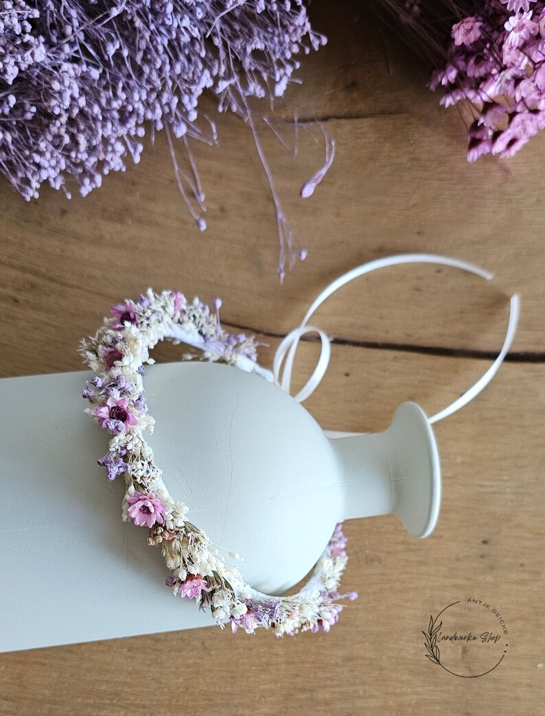 Zarter Haarkranz aus Trockenblumen in creme-rosa-lila / Kopfkranz Brautschmuck Kopfschmuck Kommunion Brautjungfern Haarschmuck Bild 2