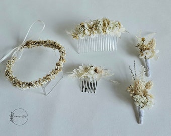 Hochzeitsset in creme-weiß - Haarkranz, Anstecker, Haarschmuck, Haarkamm - Braut, Bräutigam, Brautjungfer, Blumenkind