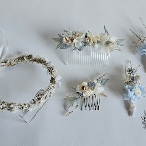 Stilvolle Hochzeitsaccessoires in blau-grau-creme /Haarschmuck, Haarkranz, Anstecknadel, Haarkamm / Braut / Bräutigam / Blumenkinder Bild 9