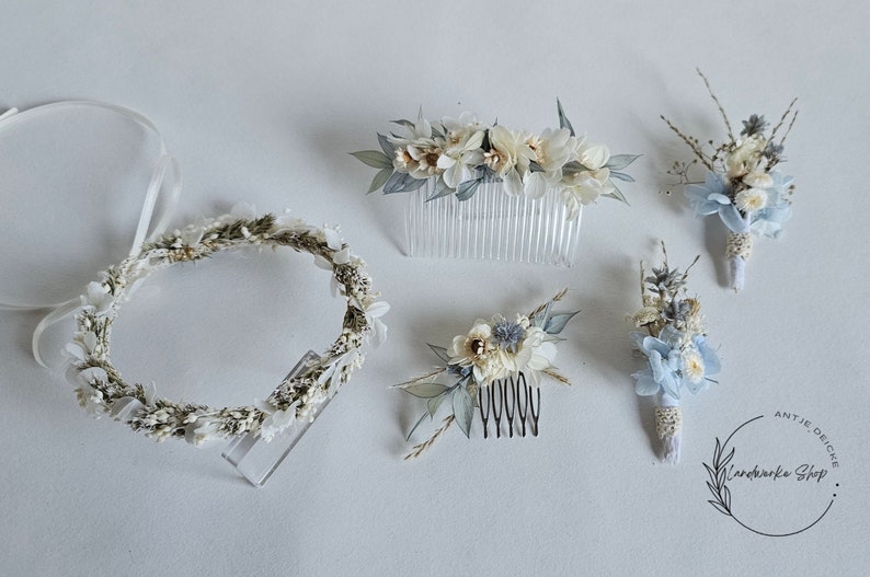 Stilvolle Hochzeitsaccessoires in blau-grau-creme /Haarschmuck, Haarkranz, Anstecknadel, Haarkamm / Braut / Bräutigam / Blumenkinder Bild 9