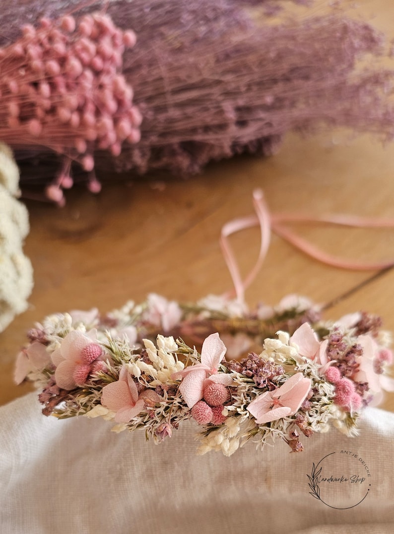 Haarkranz aus Trockenblumen in rosa-lila-weiß / Kopfkranz Brautschmuck Kopfschmuck Kommunion Brautjungfern JGA Bild 4