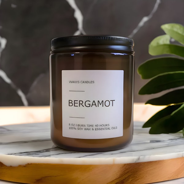 Bergamot Scented 8oz Amber Jar Pure Soy Wax Essential Oil Candle With A Black Lid