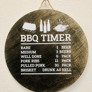 May include: A round wooden sign with a white background and black text that reads "BBQ TIMER". The sign has a list of different types of meat and the corresponding number of beers to drink while cooking them. The list includes: Rare - 1 Beer, Medium - 3 Beers, Well Done - 6 Pack, Pork Ribs - 12 Pack, Pulled Pork - 30 Pack, Brisket - Drunk as Hell.