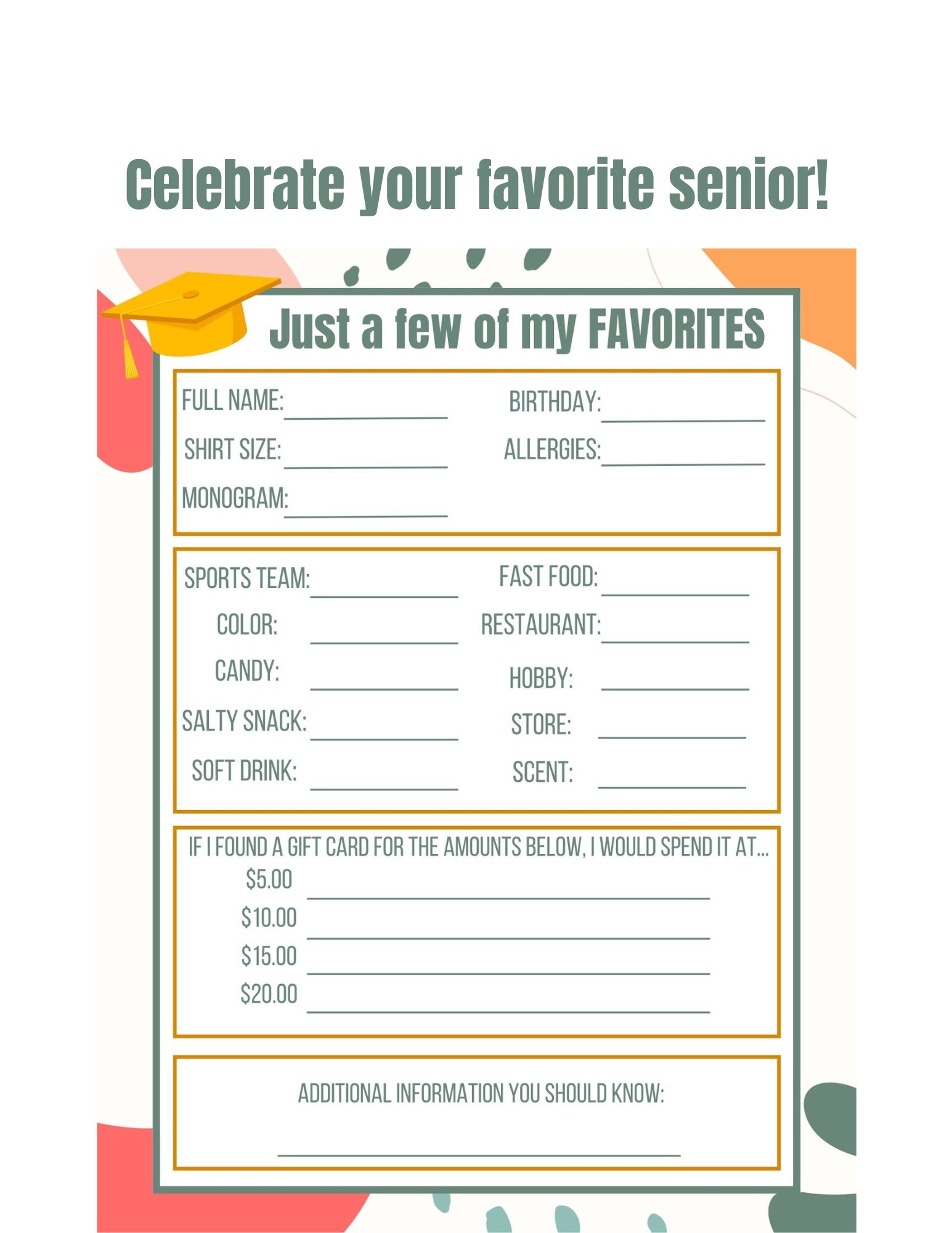 Senior Favorite Things Questionnaire | Back to School Teacher Survey | Graduation Questionnaire | Senior 2023 Printable