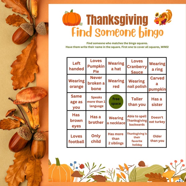 Thanksgiving Find Someone Who Game | Thanksgiving Printable Games | Thanksgiving Fun Games | Thanksgiving Party Games | Friendsgiving |