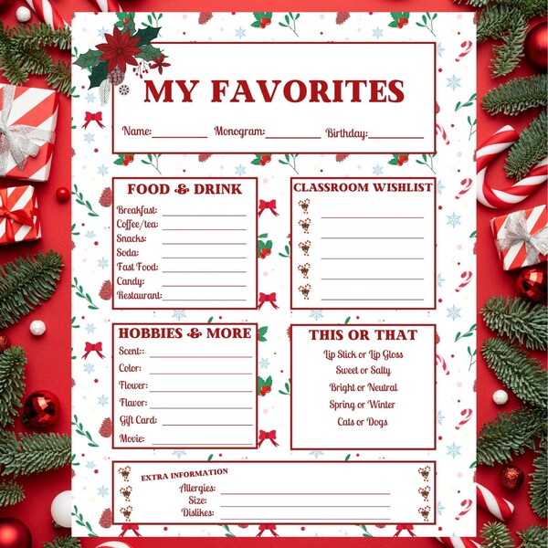 Christmas Teacher Favorites Survey | Teacher Holiday Wish List | Gift Exchange | All About My Teacher Printable Worksheet  |