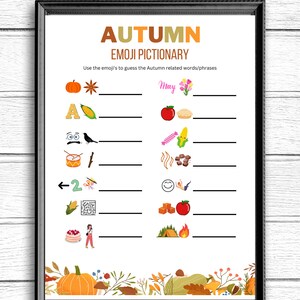 Herbst Emoji Pictionary | Druckbare Herbst Spiele | Herbstzeit für Erwachsene | Jugendliche und Kinder | Lustige Herbst Spiele | Danksagung |