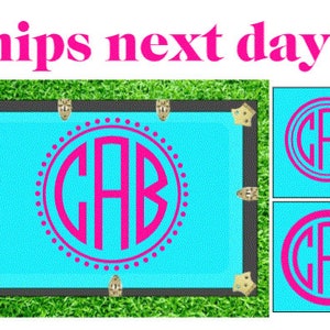 May include: A personalized monogrammed mat with a teal background and a pink monogram. The mat has a black border and gold corner accents. The text "Ships next day!!" is displayed above the mat.