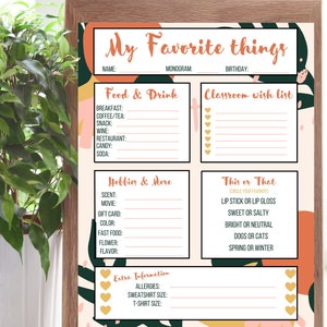 Teacher Favorite Things Questionnaire | Back to School Teacher Survey | Meet the Teacher Questionnaire | All About My Teacher Printable