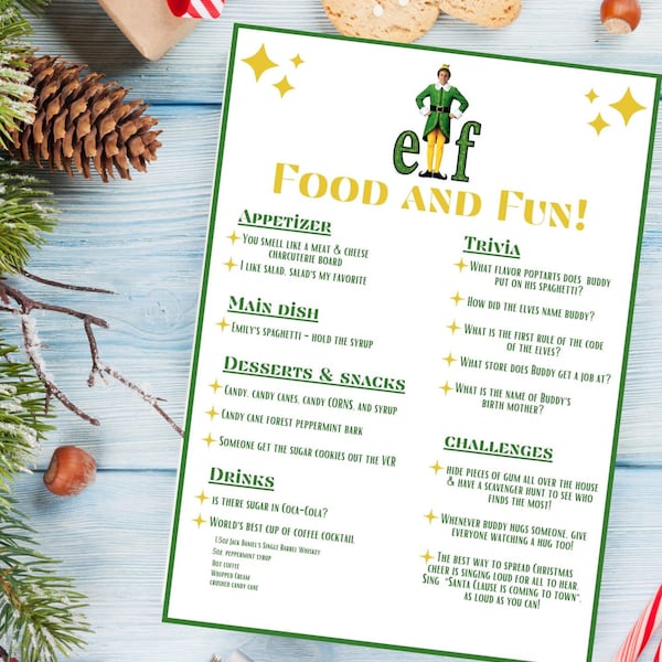 Holiday Dinner and Activities | Buddy The Elf | Dinner & a movie | ELF movie | ELF activities | Christmas Movie | Christmas activities | PDF