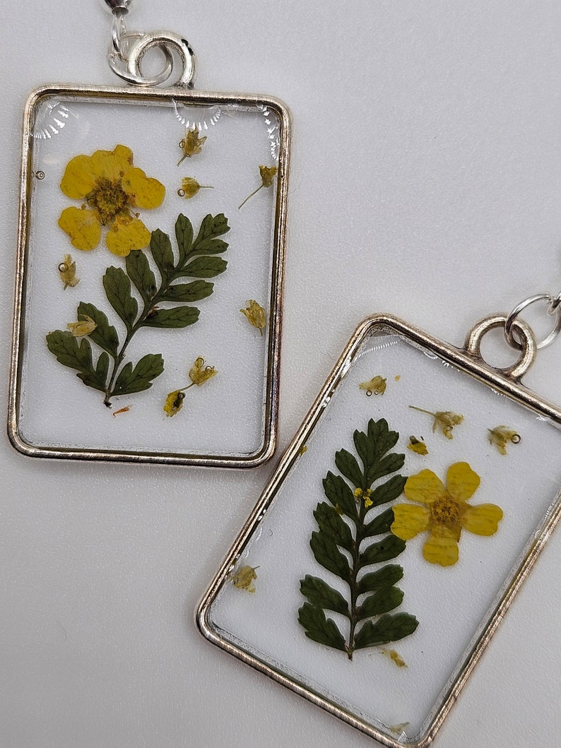 Yellow Pressed Real Dried Flowers Necklace Earring Set, Handmade Nickel