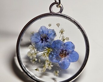 Forget Me Not pendant necklace handmade real flowers blue and white sealed in resin gift mom sister friend 925 plated silver chain