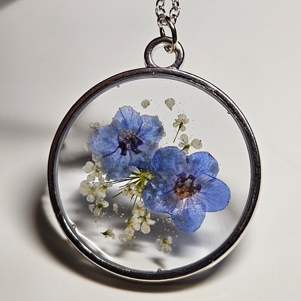 Forget Me Not pendant necklace handmade real flowers blue and white sealed in resin gift mom sister friend 925 plated silver chain