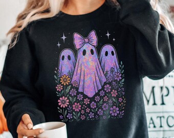 Floral Ghost Halloween Sweatshirt, Iridescent Ghost Halloween Shirt, Womens Halloween Shirt, Cute Ghost Shirt, Spooky Season,Girly Halloween