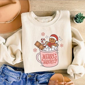 Merry & Bright Christmas Gingerbread Coffee Cookies Sweatshirt : Cute Womens Holiday Sweater