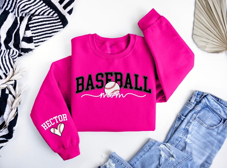 Personalize Baseball Mom Kids Name On Sleeve Sweatshirt, Baseball Season Shirt, Mom Baseball Sweater, Baseball Mama Shirt, Baseball Mom Gift image 4