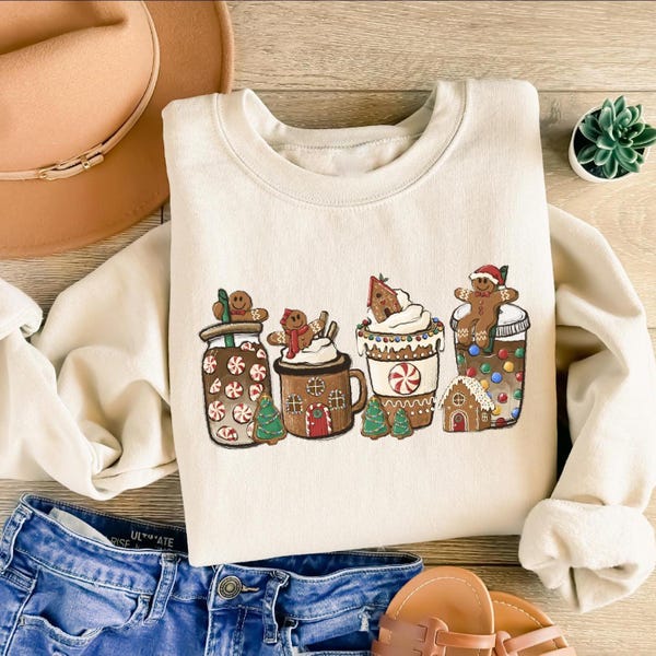 Cute Gingerbread Christmas Coffee Cookies Sweatshirt : Festive Holiday Sweater, Xmas Graphic Tee