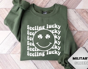 Lucky Sweatshirt, Feeling Lucky Sweatshirt, St Patricks Day Womens Sweatshirt, Smiley Face Lucky Sweater, Lucky Irish Shamrock Sweatshirt