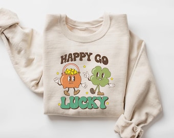 Retro Lucky Sweatshirt, St Patricks Day Hoodie, Happy Go Lucky, Cute Shamrock T-Shirt, Womens Irish Day Shirt