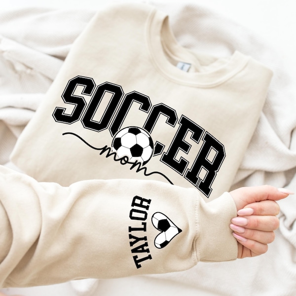 Personalize Soccer Mom Kids Name On Sleeve Sweatshirt, Mom Soccer Sweater, Soccer Mama Shirt, Gift for Soccer Mom, Fall Soccer Season Shirt