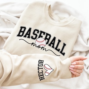 Personalize Baseball Mom Kids Name On Sleeve Sweatshirt, Baseball Season Shirt, Mom Baseball Sweater, Baseball Mama Shirt, Baseball Mom Gift