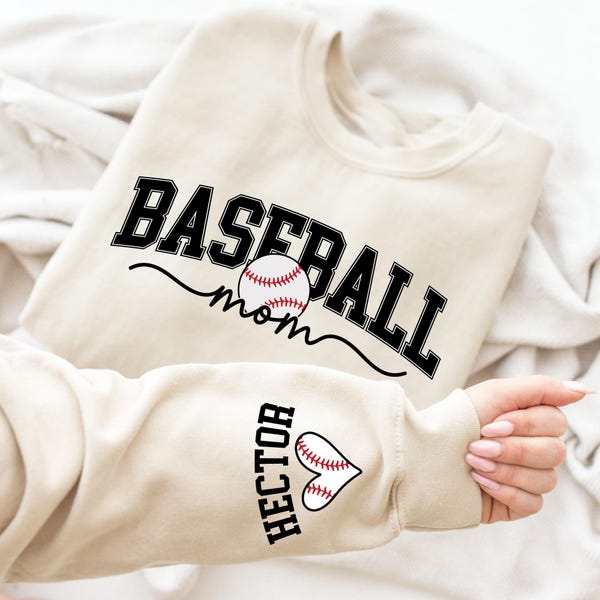 Personalize Baseball Mom Kids Name On Sleeve Sweatshirt, Baseball Season Shirt, Mom Baseball Sweater, Baseball Mama Shirt, Baseball Mom Gift
