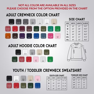 The image is a color chart for adult and youth crew neck sweatshirts, providing a variety of color options for customers to choose from.