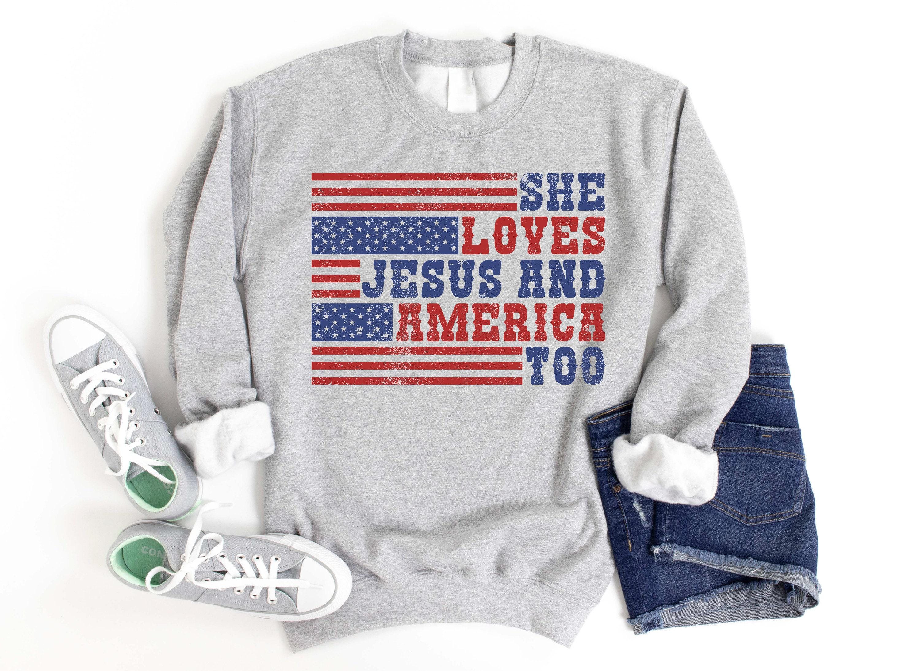 Retro USA Sweatshirt, She Loves Jesus And America Too, Womens USA Crewneck Sweatshirt, USA Shirt, America Sweatshirt, 4th of July Sweatshirt