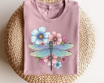 Womens Dragonfly Floral Shirt, Boho Dragonfly Shirt, Nature Lover Shirt, Garden Lover Gift, Cottagecore Shirt, Botanical Gift, Wildflowers