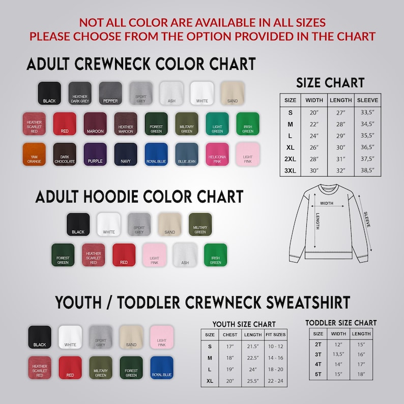 The image is a color chart for adult and youth crew neck sweatshirts, providing a variety of color options for customers to choose from.