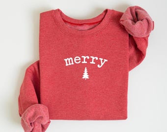 Cute Merry Christmas Tree Sweatshirt : Festive Holiday Sweater, Xmas Graphic Tee, Winter Outfit