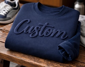 Custom Embossed Puff Sweatshirt, Personalized Team Name Shirt, 3D Lettering Navy School Mascot T-Shirt