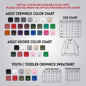 The image is a color chart for adult and youth crew neck sweatshirts, providing a variety of color options for customers to choose from.