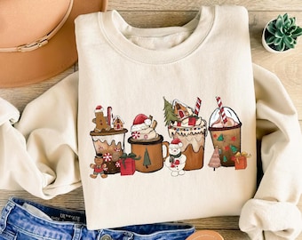 Cute Gingerbread Christmas Coffee Cups Sweatshirt : Festive Holiday Sweater, Xmas Graphic Tee