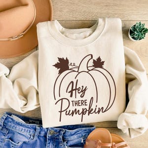 May include: A cream-coloured long-sleeve sweatshirt featuring a dark brown graphic of a pumpkin with leaves and the text "Hey THERE Pumpkin" printed in the centre. The sweatshirt is displayed alongside a tan hat, blue jeans, and sandals.