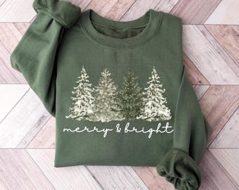 Merry& Bright Christmas Tree Sweatshirt, Womens Festive Holiday Sweater, Cute Family Xmas Gift