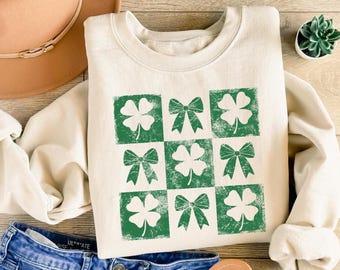 Retro Shamrock Bow Sweatshirt, Womens St Patricks Day Sweater, Shenanigans T-Shirt, Clover Outfit, Lucky Hoodie