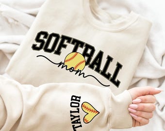 Softball Mom Kids Name & Number On Sleeve Sweatshirt, Mom Softball Sweater, Softball Mama Shirt, Softball Season Shirt, Gameday Mama Shirt