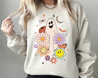 Retro Halloween Ghost Sweatshirt, Floral Ghost Halloween Sweatshirt, Fall Sweatshirt, Women Fall Shirt, Cute Ghost Shirt, Women Halloween