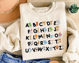 Alphabet Sweatshirt, ABC Shirt, Animals Alphabet Shirt, Kindergarten Teacher Shirt, Alphabet Shirt for Teachers, Learning Shirt, Teach Shirt