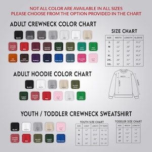 The image is a color chart for adult and youth crew neck sweatshirts, providing a variety of color options for customers to choose from.