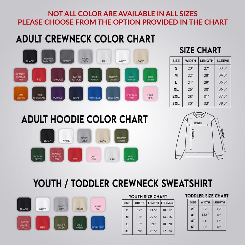The image is a color chart for adult and youth crew neck sweatshirts, providing a variety of color options for customers to choose from.