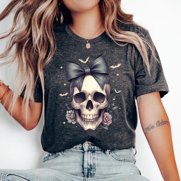 Womens Skull Halloween Shirt, Coquette Bow Skeleton Halloween Shirt, Retro Skull Shirt, Cute Skeleton Shirt, Bat Lover Gift, Fall Graphic
