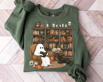 Cute Ghost Book Reading Sweatshirt, Halloween Teacher Shirt, Books Lover Halloween Gift, Bookish Halloween Shirt, Womens Halloween Shirt