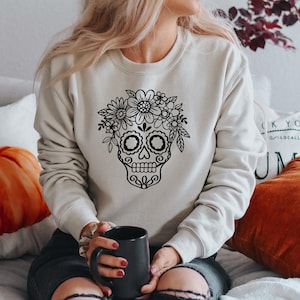 Sweatshirt Dia De Los Muertos - Motif Sugar Skull Floral Coloré - Coupe Classique, Col Tissé - 241g - 2