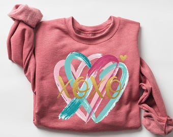 Womens XOXO Heart Sweatshirt, Love Valentines Shirt, Valentine Day Gift