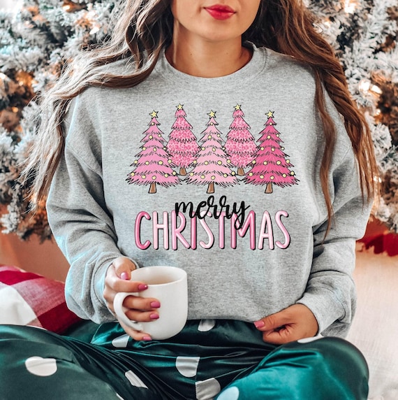 Christmas Sweater Cute Crewnecks Women's Merry Christmas Pink